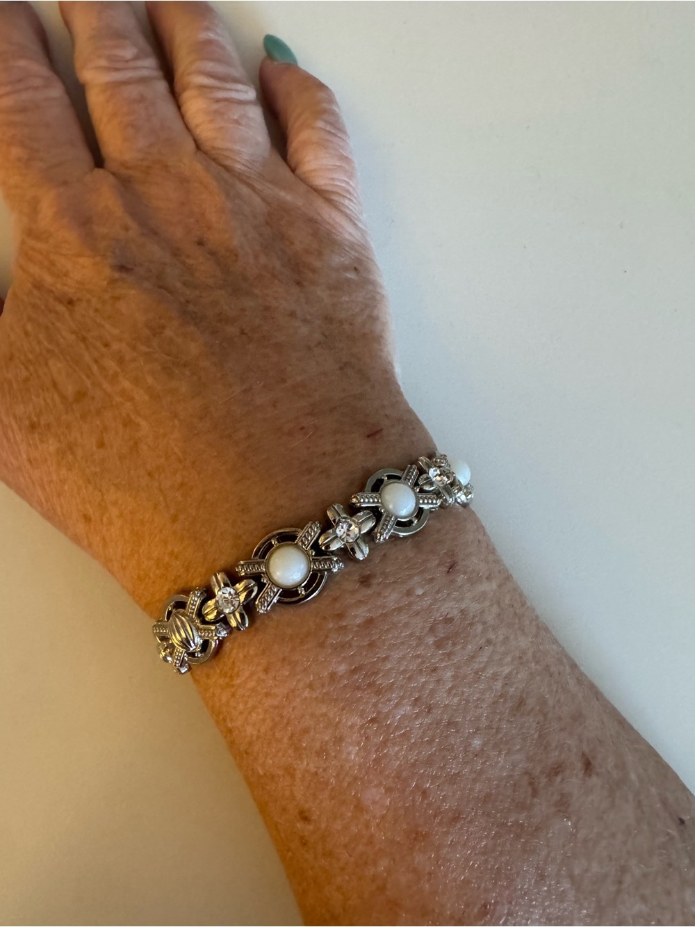 Vintage Silver Tone Bracelet w/ White Cabochons & Rhinestones 7” Art Deco Style